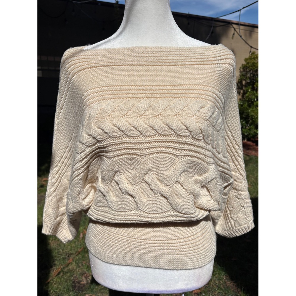 bebe Cream Metallic Cable Knit Batwing Boat Neck Sweater S
